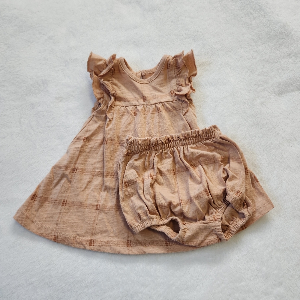 Easy Peasy Brown Plaid Dress with Diaper Cover, Girls Size 3-6 Months